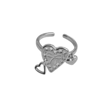 Imagem de Anel exclusivo de declaração de coração para mulheres pendurado, corações de amor, fita de estrela vazada, laço ajustável, aberto, noivado, noivado, aliança de dedo delicada, joia de aniversário e dia