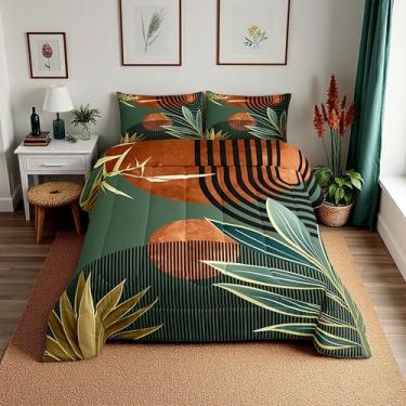Imagem de Erosebridal Conjunto de cama king size boêmio vintage de meados do século, conjunto de edredom moderno minimalista com listras geométricas abstratas, verde laranja