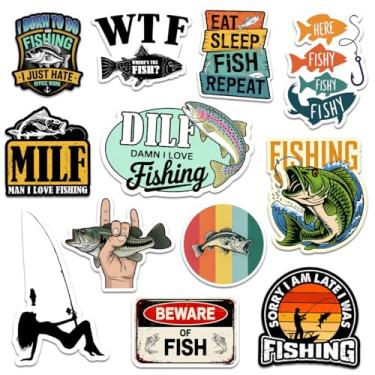 Imagem de Pacote de 12 adesivos de pesca para pescadores, pescadores e amantes de atividades ao ar livre – Decalques de vinil à prova d'água engraçados de peixe robalo para caixa de equipamento, garrafa de água