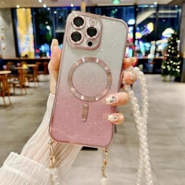 Imagem de Capa para Samsung Galaxy S24 FE S25 S23 Ultra S21 S20 S22 Plus com cordão magnético pérola transversal e alça com glitter, rosa, para S23 Plus