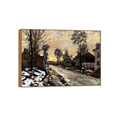Imagem de Claude Monet Famosa impressão em tela de parede pronta para pendurar estrada no pôr do sol na neve pintura moldura de madeira para decoração de sala de estar 70 x 100 cm 27 x 39 pol