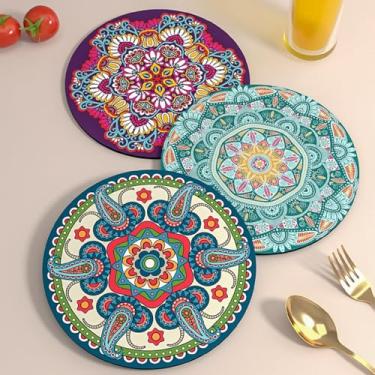 Imagem de Conjunto de porta-copos redondos isolados para copos base decorativa de chá e mesa almofadas de proteção para copos, tigelas e pratos resistente ao calor retrô 3 peças 03