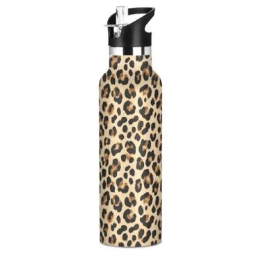Imagem de Joisal Garrafa de água de aço inoxidável isolada de 590 ml com tampa de canudo para bebidas frias ou quentes, estampa de leopardo marrom preto bege livre de BPA copo à prova de vazamento copo de