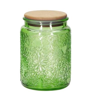 Imagem de 1 pote de vidro vintage estilo flocos de neve com tampa hermética de bambu, recipiente de armazenamento de cozinha para açúcar, café, chá, biscoitos, sal de banho - Pote decorativo para despensa e