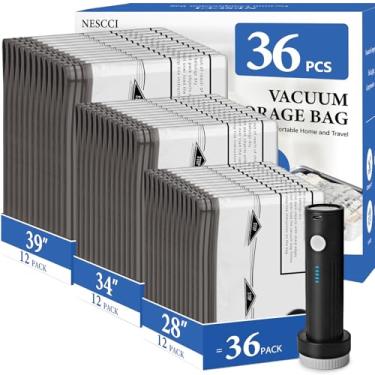 Imagem de NESCCI Sacos de vácuo de viagem para roupas com bomba de ar sem fio recarregável, pacote com 36 sacos de compressão para mala de bagagem, sacos de armazenamento a vácuo economizadores de espaço