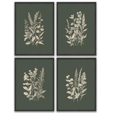 Imagem de Conjunto de arte de parede botânica vintage floral com 4 impressões de pôster de flores de plantas rústicas antigas decoração de parede em tela botânica retrô verde arte floral para sala de estar