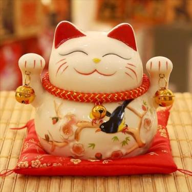 Imagem de FENNYYAR Enfeite de porcelana Magpie Maneki Neko, estátua de decoração de casa de gato rico de 13 cm