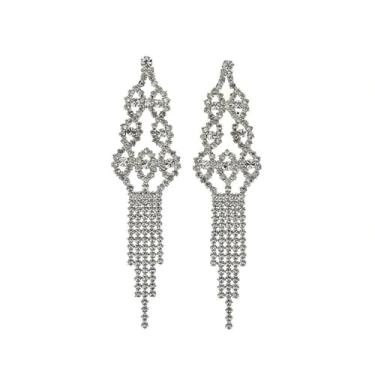 Imagem de Denifery Brincos de borla de strass pendentes de prata, brincos longos de candelabro, franja, cristais para mulheres