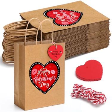 Imagem de Pajean 48 peças de sacos de presente de dia dos namorados com alças e etiquetas, sacos de papel kraft feliz dia dos namorados coração vermelho amor guloseimas doces embrulho de presente para