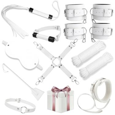 Imagem de Kit BDSM 12 Peças em Couro Sintético, Preto, Bondage Fetiche com Chicote, Mordaça, Algemas, Coleira, Chibata, Cordas Shibari, Venda (Branco, Unico)