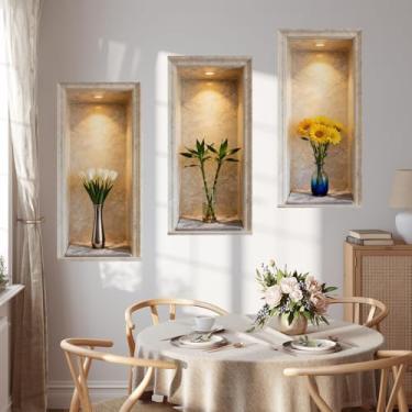 Imagem de Adesivos de parede de nicho falso 3D de 3 folhas, decalques de vaso de flores de mármore para decoração de sala de estar e quarto (vaso planta)