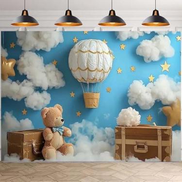 Imagem de Balão de ar quente, urso, nuvem, viagem, pano de fundo de aniversário para recém-nascidos, chá de bebê, festa de formatura, viagem, pano de fundo para meninos e crianças, faixa de festa de aniversário