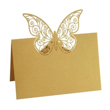 Imagem de BUNCHBRAVO 50 cartões de lugar de borboleta, etiquetas de nome de mesa, cartões de barraca cortados a laser para recepção de casamento, festas e eventos (ouro)