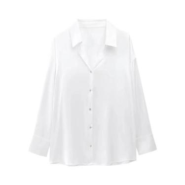 Imagem de Camisa Feminina De Cetim Com Decote Em V, Manga Longa, Botões Decorati