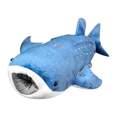Imagem de Baleia de pelúcia gigante, material de pelúcia macio azul, 55 cm de comprimento, almofada fofa para dormir, travesseiro de baleia de pelúcia, design interativo de boca aberta, travesseiro confortável