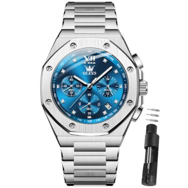 Imagem de OLEVS Relógio de pulso masculino de aço inoxidável, à prova d'água, luxuoso, com data, casual, azul/preto/dourado/prata Reloj para Hombre, Mostrador azul com pulseira prata, Round, Relógio masculino
