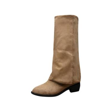 Imagem de Botas femininas até o joelho com bico fino e salto baixo grosso para um visual polido, Caqui, 36