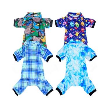 Imagem de PET SHOW Pacote com 4 pijamas para cães pequenos, roupas fofas de monstro de dinossauro para cães médios, pijamas macios e elásticos, macacão xadrez, macacão tie dye com manga para animais de