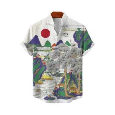 Imagem de Camisa Masculina De Linho Estampada Com Arte Florestal, Manga Curta, C