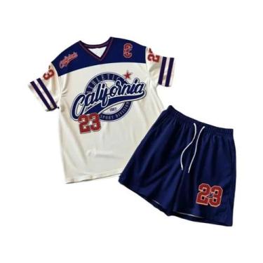 Imagem de Conjunto De Camiseta Casual Com Estampa Em Cores Para Homens E Shorts 