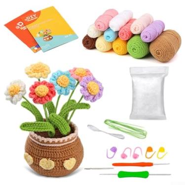 Imagem de Kit de flores de crochê para iniciantes margaridas com tutoriais em vídeo passo a passo, kit de artesanato DIY para decoração de casa, acessórios e enfeites, inclui fios e ferramentas