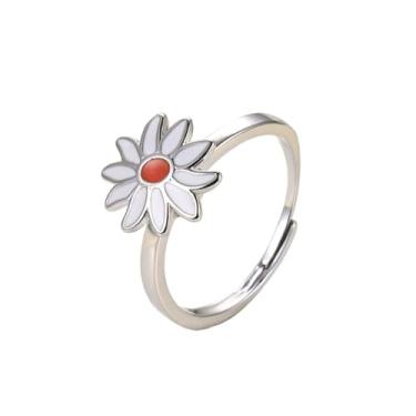 Imagem de Dtja Anel de declaração giratório de margarida esmaltado para mulheres, ajustável, expansível, anel de ansiedade, ajuste confortável, joia de casamento, Adjustable, Metal, Sem pedra preciosa