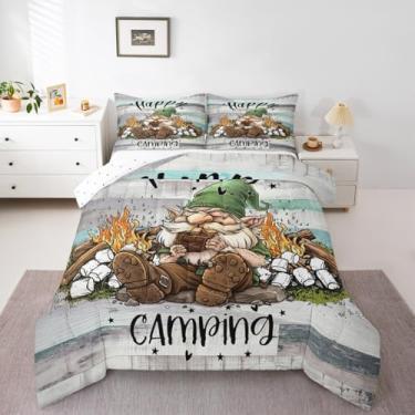 Imagem de Erosebridal Conjunto de edredom queen de gnomo, acampamento, anão, para crianças, homens e mulheres, marshmallows, fogueira, bosque, marrom, verde, edredom para todas as estações