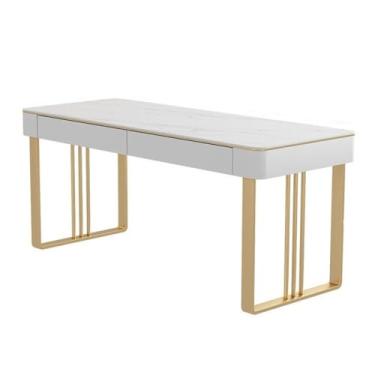 Imagem de Mesa de computador de escritório em casa moderna mesa de computador com 2 gavetas, penteadeira branca com parte superior de laje de pedra e moldura de metal para quarto de escritório em casa (ouro, GG