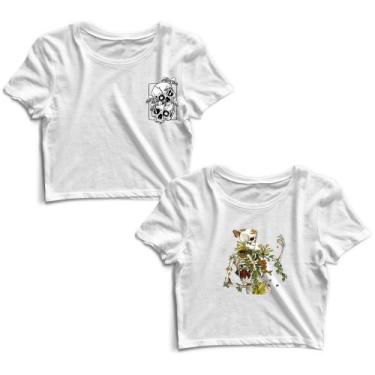 Imagem de Kit 2 Blusas Cropped Tshirt Feminina Caveira e Caveira Flores - Goup S