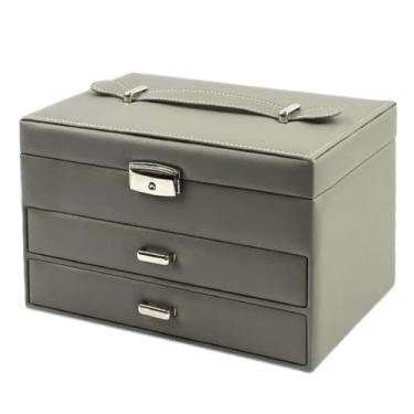 Imagem de Caixa de joias de couro PU de três camadas para mulheres - Estojo organizador de joias elegante para quarto, banheiro e penteadeira - Mala de joias portátil e caixa de embalagem