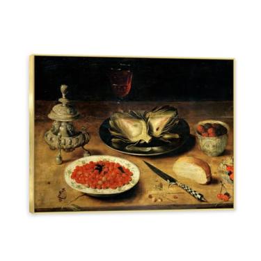 Imagem de Moldura dourada. Arte vintage emoldurada de frutas mortas, pintura clássica de cozinha country, decoração de parede de casa de fazenda quente para sala de jantar e cozinha. A96. 70 x 90 cm - 27,6 x