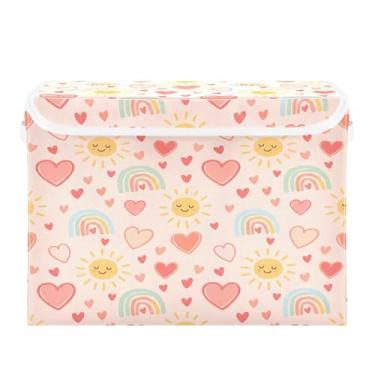 Imagem de Wassud Cestos de armazenamento dobráveis com tampas, sol e corações, cestas organizadoras de tecido dobráveis para armário, decoração sazonal de casa 41,5 x 32,5 x 30 cm