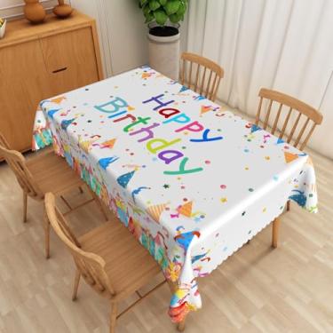 Imagem de SIEDYCV Toalha de mesa de festa de aniversário, 132 x 182 cm, presentes coloridos, chapéus, confetes, tecido branco, toalha de mesa de poliéster, resistente a rugas e óleo, lavável para crianças