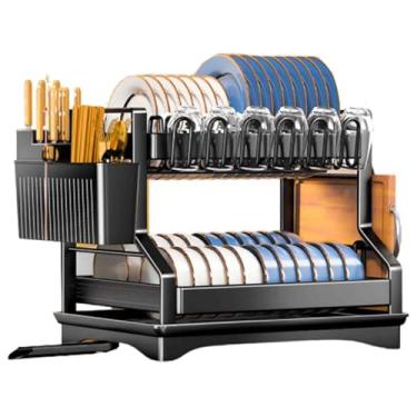 Imagem de Prateleira de canto expansível para armários de cozinha, escorredor giratório e escorredor sobre a pia, armazenamento de 2 camadas com bandeja coletora e suporte de talheres, organizador que economiza