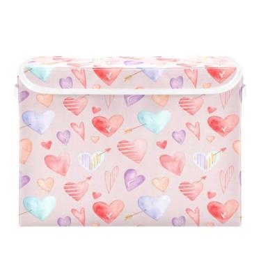 Imagem de Wassud Cestos de armazenamento dobráveis com tampas, corações em aquarela, cestas organizadoras de tecido dobráveis para armário, decoração sazonal de casa 40 x 30 x 30 cm