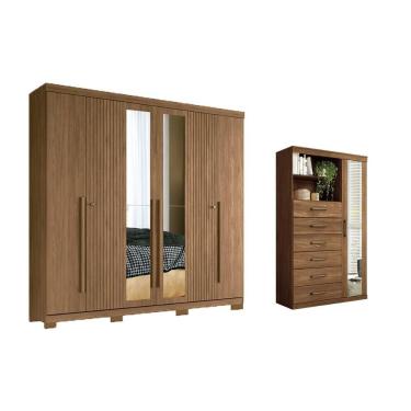 Imagem de Guarda Roupa Cômoda 2 Peças Casal QC352 6 Portas de Bater 4 Gavetas MDF com Espelho Jatobá