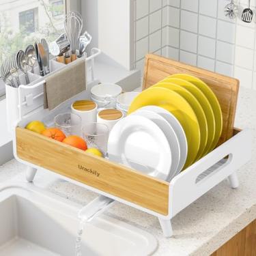Imagem de Urackify Escorredor de pratos para balcão de cozinha – Escorredor de pratos de aço inoxidável e bambu, escorredor de pratos de cozinha com suporte grande removível, escorredor de pratos com dreno