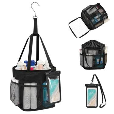 Imagem de Suporte de chuveiro portátil, organizador de chuveiro suspenso com bolsa de telefone à prova d'água para dormitório de faculdade essencial, bolsa de chuveiro de malha de secagem rápida com 7 bolsos