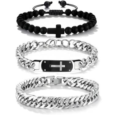 Imagem de RIOSO Pulseira de cruz masculina de aço inoxidável, pulseira de elos de corrente de aço inoxidável, conjunto de joias masculinas