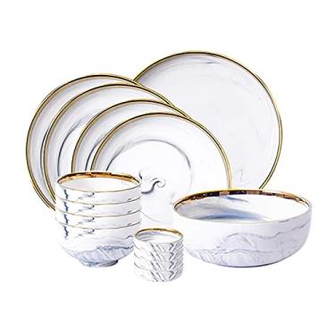 Imagem de Prato de jantar reutilizável com 14 peças, conjunto de utensílios de cozinha, prato marmorizado com borda dourada (prato profundo prato raso) cerâmica elegante (cozinha)