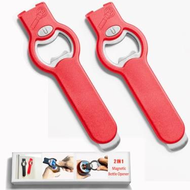 Imagem de Abridor de garrafa de cerveja magnético 2 em 1 para geladeira, abridor manual de soda de aço inoxidável para líquido com apanhador de tampa, cola na geladeira, chave de igreja com ímã, vermelho,