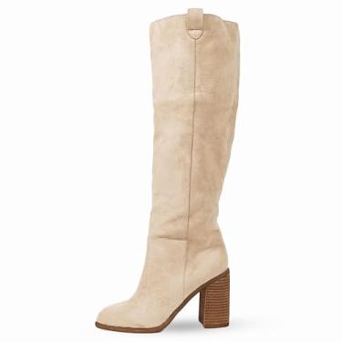 Imagem de Erocalli Bota feminina de camurça, cano alto, salto alto, folgada, bico redondo, zíper lateral, Bege, 37