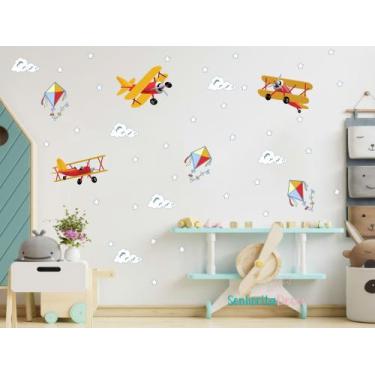 Imagem de adesivo de parede pipas aviões nuvens e estrelas decoração quarto de m
