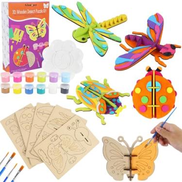 Imagem de Glintoper Kit de pintura de artesanato de insetos de madeira para crianças, conjunto de 5 peças, quebra-cabeça de insetos 3D com pincéis e tinta, presente para meninos e meninas de 3, 4, 5, 6, 7 e 8