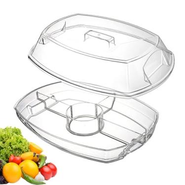 Imagem de Travessa de festa gelada, bandeja de servir refrigerada com 4 compartimentos com tampa | Prato de coquetel de camarão - para piquenique, geladeira, sobremesa, salada de vegetais, frutos do mar