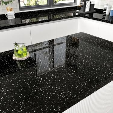 Imagem de Yullpaper Papel de contato de bancada de granito preto papel de parede de granito galáxia para banheiro cozinha à prova d'água papel de contato de mármore preto para bancadas papel de parede de vinil