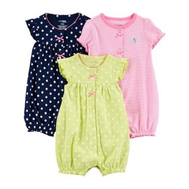 Imagem de Simple Joys by Carter's Pacote com 3 macacões de encaixe para bebês meninas, Verde claro/bolinhas marinhas/listras rosa, 3-6 Meses
