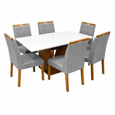 Imagem de Mesa de Jantar Classic 160x80cm com Vidro e 6 Cadeiras California em Linho Estofadas Cel Móveis Cor Cinamomo Off White com Tecido Cinza