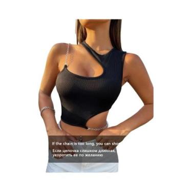 Imagem de Top Cropped Assimétrico Preto Sem Mangas Para Mulheres, Estilo Y2K, Ve