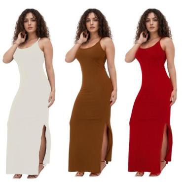 Imagem de KIT C/3 Vestidos Canelado Longo com Fenda - Emporio J, Branco, Caramel